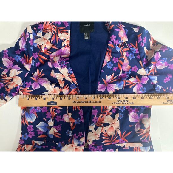 Forever 21 floral tropical blazer navy blue base multi-colored floral w lining S - Picture 7 of 9